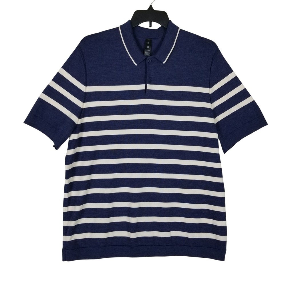 Lululemon Polo Shirt Men XXL Blue White Striped Merino Wool Short Sleeve Knit